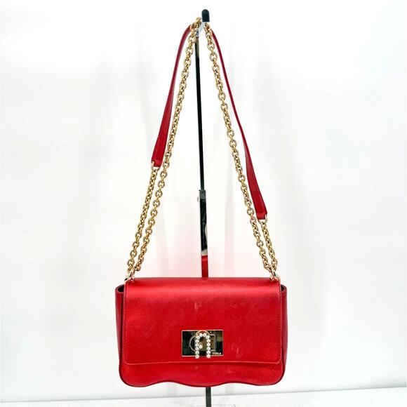 Furla Womens 1927 Crossbody MINI Geained Leather Gold Chain Strap Cherry Red - Picture 1 of 16